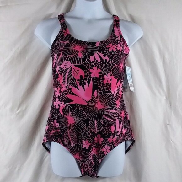 Aquabelle Women's Pink /Black Floral Padded Sports Bra Swimsuit Plus Size 20W - Picture 1 of 8